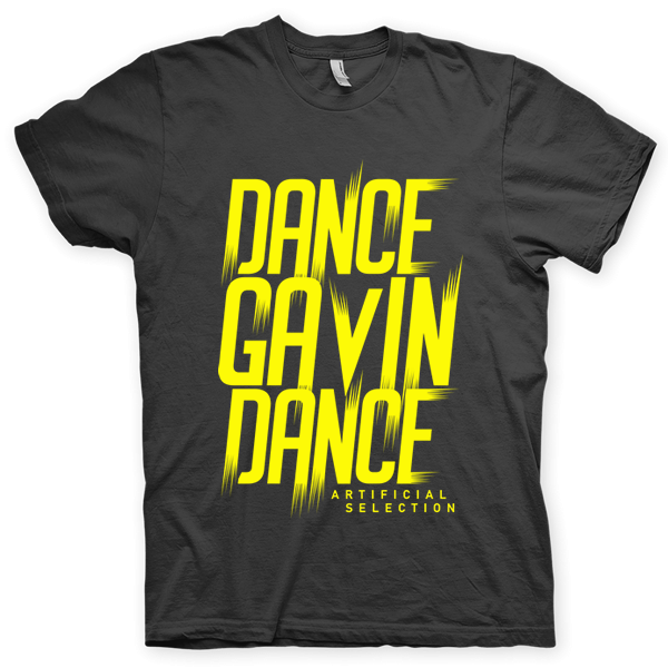 Montagem digital da camiseta preta com estampa azul com arte centralizada da banda Dance Gavin Dance