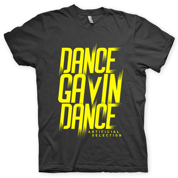 Montagem digital da camiseta preta com estampa azul com arte centralizada da banda Dance Gavin Dance, Artificial Selection