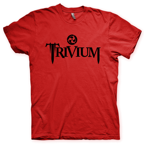 Montagem digital da camiseta preta com estampa azul com arte centralizada da banda Trivium