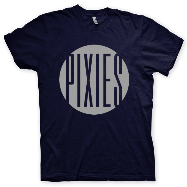 Montagem digital da camiseta preta com estampa azul com arte centralizada da banda Pixies