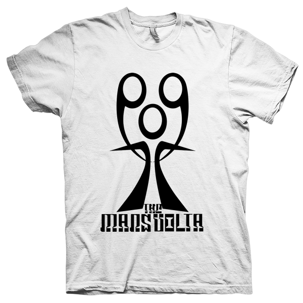 Montagem digital da camiseta preta com estampa azul com arte centralizada da banda The Mars Volta