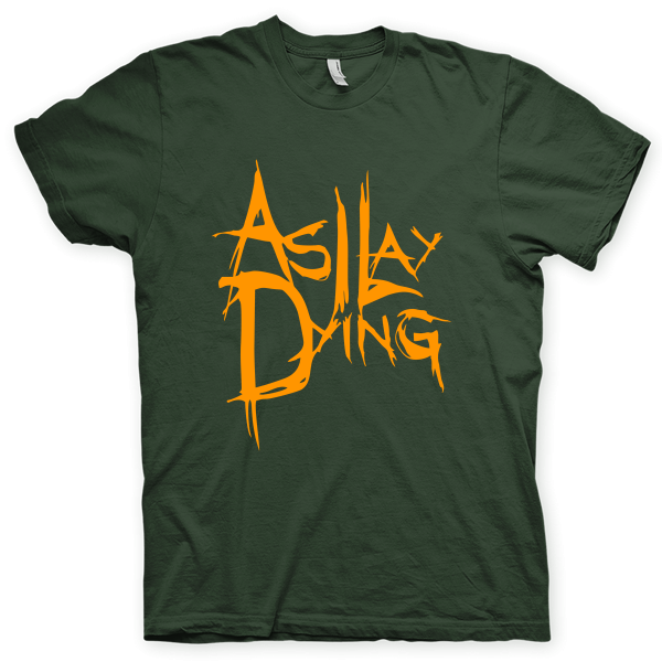 Montagem digital da camiseta preta com estampa azul com arte centralizada da banda As I Lay Dying