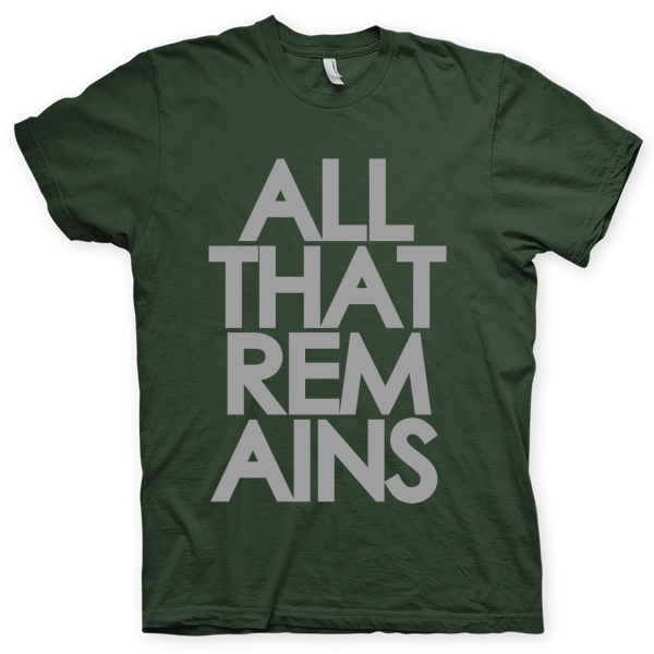 Montagem digital da camiseta preta com estampa azul com arte centralizada da banda All That Remains