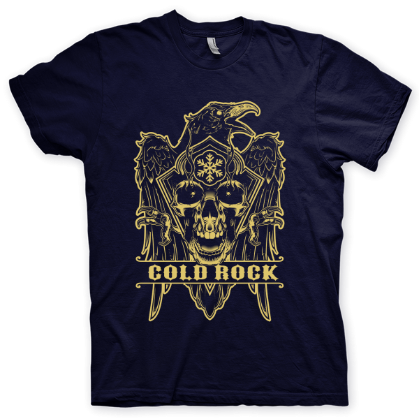 Montagem digital da camiseta preta com estampa azul com arte centralizada da banda Corvo Skull