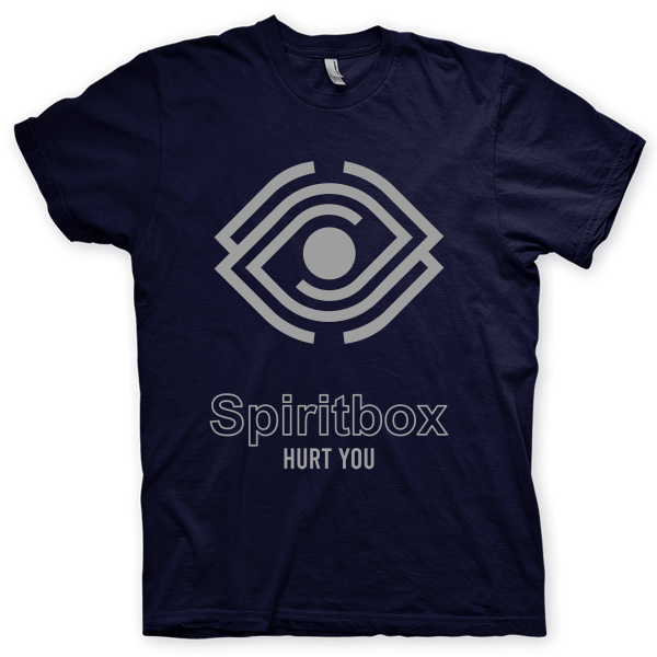 Montagem digital da camiseta preta com estampa azul com arte centralizada da banda Spiritbox