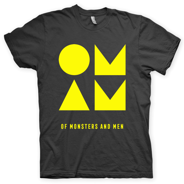 Montagem digital da camiseta preta com estampa azul com arte centralizada da banda Of Monsters and Men