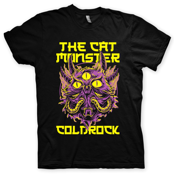 Montagem digital da camiseta preta com estampa azul com arte centralizada da banda Monster Cat Yellow