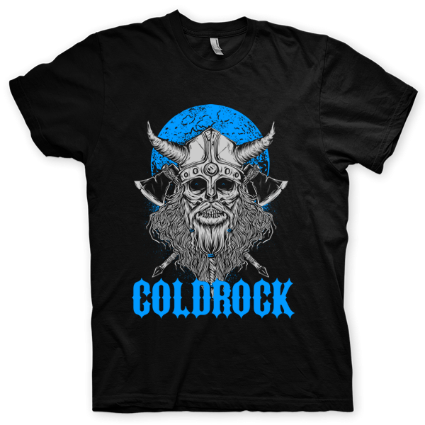 Montagem digital da camiseta preta com estampa azul com arte centralizada da banda Viking Zombie
