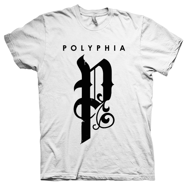 Montagem digital da camiseta preta com estampa azul com arte centralizada da banda Polyphia