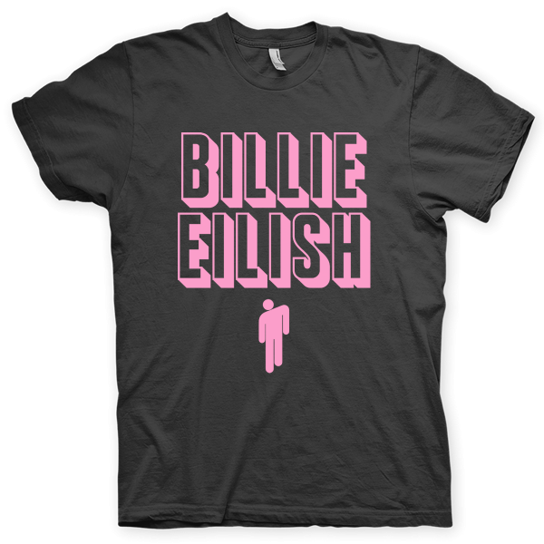 Montagem digital da camiseta preta com estampa azul com arte centralizada da banda Billie Eilish