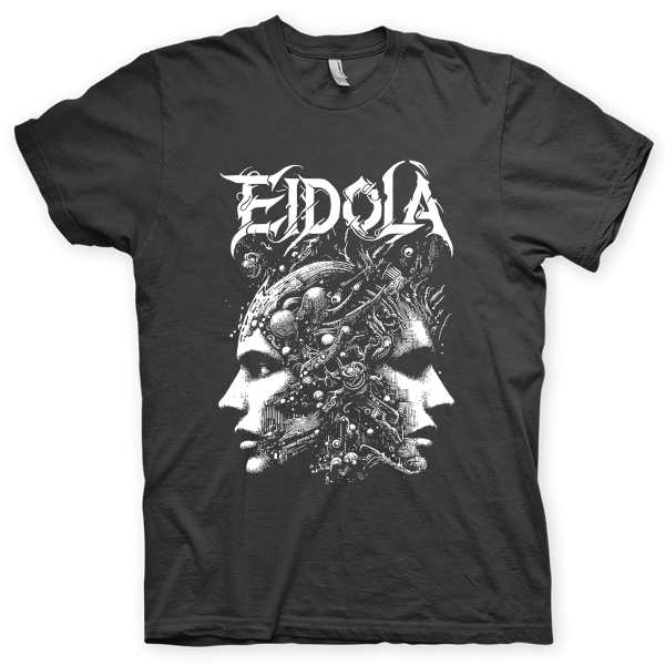 Montagem digital da camiseta preta com estampa azul com arte centralizada da banda Eidola, The Abstract of a Planet in Resolve