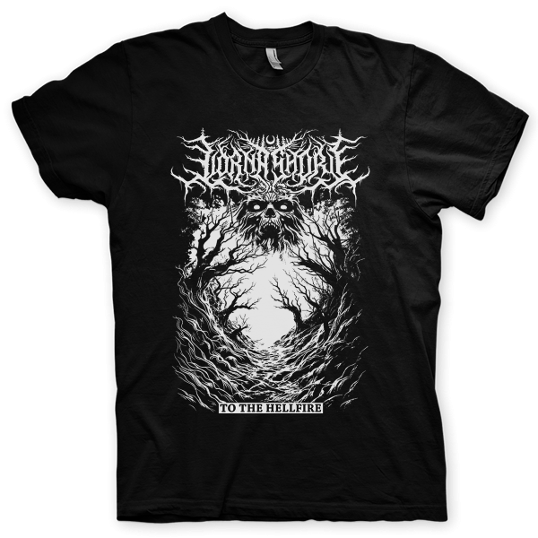 Montagem digital da camiseta preta com estampa azul com arte centralizada da banda Lorna Shore, To the Hellfire