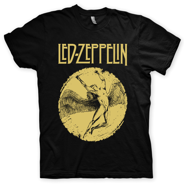 Montagem digital da camiseta preta com estampa azul com arte centralizada da banda Led Zeppelin, Evening Fall Of Day