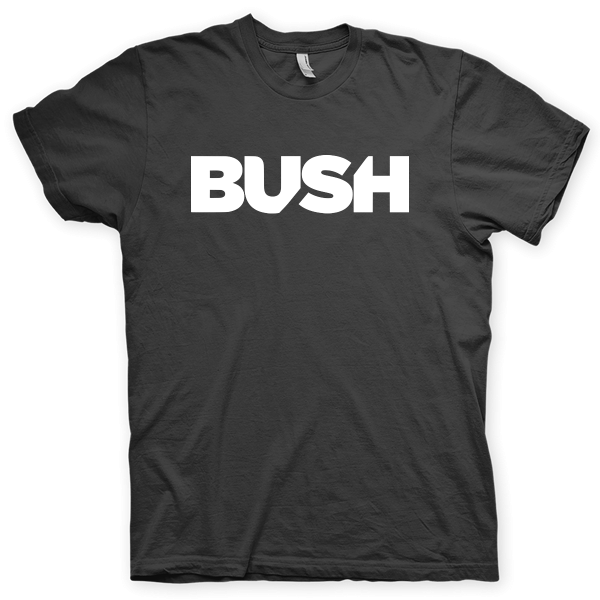 Montagem digital da camiseta preta com estampa azul com arte centralizada da banda Bush, Logo