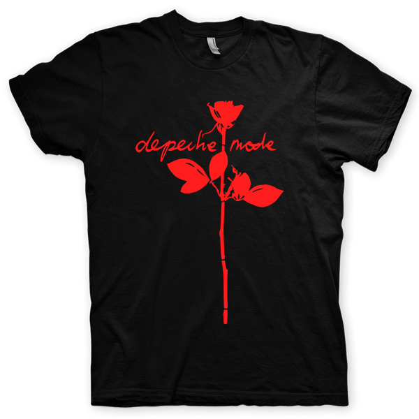 Montagem digital da camiseta preta com estampa azul com arte centralizada da banda Depeche Mode, Enjoy The Silence