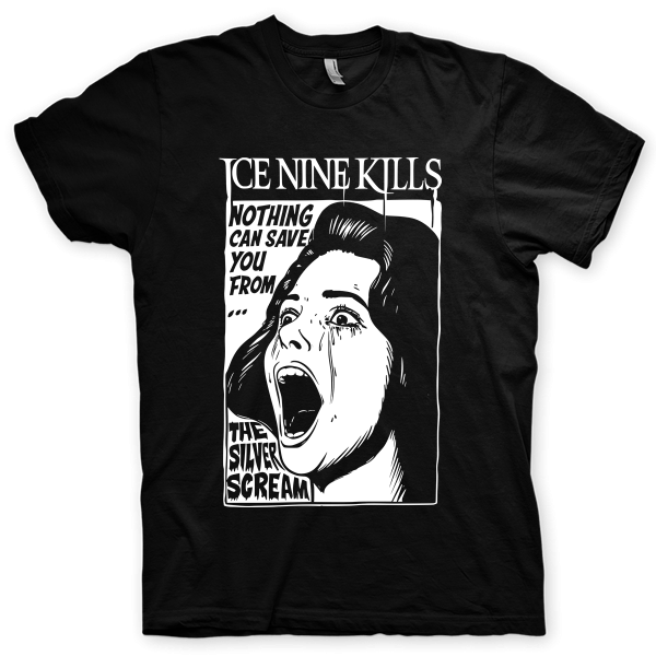 Montagem digital da camiseta preta com estampa azul com arte centralizada da banda Ice Nine Kills, The Silver Scream