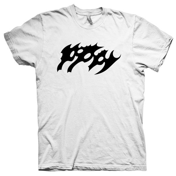 Montagem digital da camiseta preta com estampa azul com arte centralizada da banda Poppy, Art