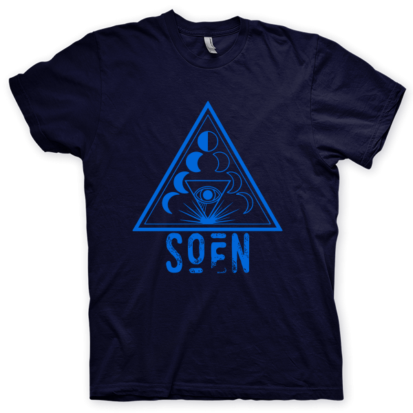 Montagem digital da camiseta preta com estampa azul com arte centralizada da banda Soen, Lotus