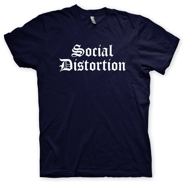 Montagem digital da camiseta preta com estampa azul com arte centralizada da banda Social Distortion, Descritivo Exemplo